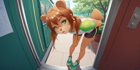 1 girl (Rocketgirl, 1girl, solo, animal ears, furry female, tail, brown hair, long hair, green eyes, bangs,freckles, brown fur,full body, sidelocks, twintails, two-tone fur, long eyelashes, curious expression, standing, bent over, looking at POV, workout clothes (green and gold elements), tight shirt) <lora:Rocketgirl_v01_ILXL:1>, photorealistic, highest quality, cinematic lighting, absurdres, masterpiece, best quality, very aesthetic, absurdres, <lora:Beautiful Detailed Eyes:1> <lora:pony_good_hands:1>, park setting, arms behind back, from the side, head tilt, score_9, score_8_up, score_7_up, score_6_up, score_5_up, score_4_up,