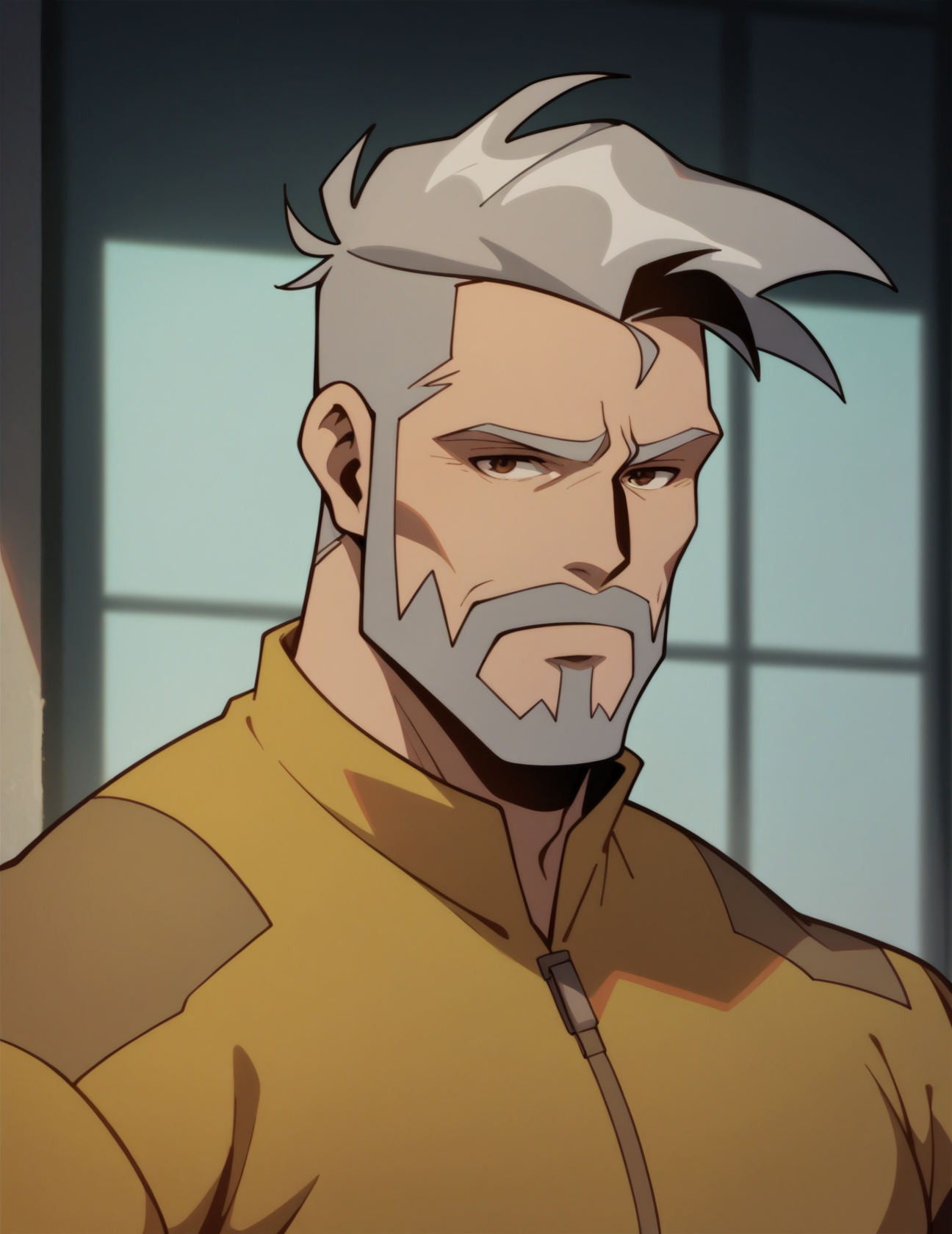 mature male, portrait, grey hair, brown eyes, looking at the viewer, long sleeves, fingerless gloves, yellow shirt, beard <lora:Rick_Flag_Sr.:0.8> r1ck, score_9, score_8_up, score_7_up, score_6_up, 2d, digital art, masterpiece <lora:Expressive_H:0.4> expressiveh <lora:princess_xl_v2:0.3> <lora:g0th1c2XLP:0.3> g0th1c