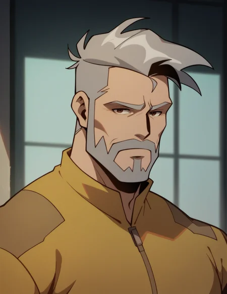 mature male, portrait, grey hair, brown eyes, looking at the viewer, long sleeves, fingerless gloves, yellow shirt, beard <lora:Rick_Flag_Sr.:0.8> r1ck, score_9, score_8_up, score_7_up, score_6_up, 2d, digital art, masterpiece <lora:Expressive_H:0.4> expressiveh <lora:princess_xl_v2:0.3> <lora:g0th1c2XLP:0.3> g0th1c