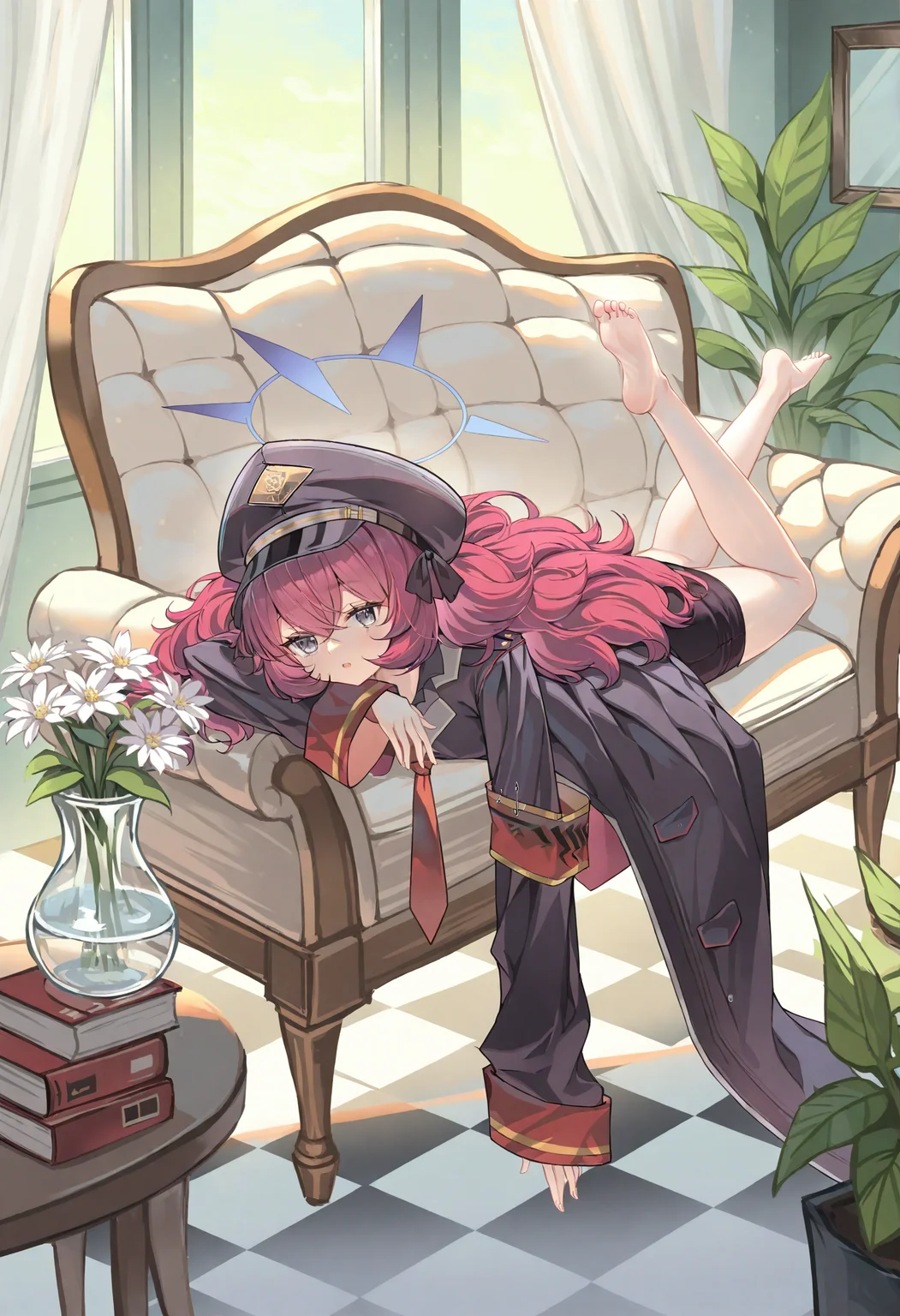 1girl, iroha \(blue archive\), barefoot, solo, couch, hat, long hair, book, indoors, on stomach, halo, red hair, armband, lying, red armband, looking at viewer, long sleeves, peaked cap, black headwear, on couch, cat, toes, wavy hair, checkered floor, feet, curtains, the pose, picture frame, window, grey eyes, soles, jacket, military jacket, skirt, table, lamp, very long hair, legs, open mouth, black skirt, military uniform, hair between eyes, military hat, uniform, coat, bare legs, black coat, flower, vase, military, drawing \(object\), plant, book stack, parted lips, necktie, full body, potted plant, white flower, black jacket, shirt, blue halo, pencil skirt,masterpiece,best quality,newest,absurdres,highres,very awa,<lora:alguang2_noob1.1-000178:0.9>,