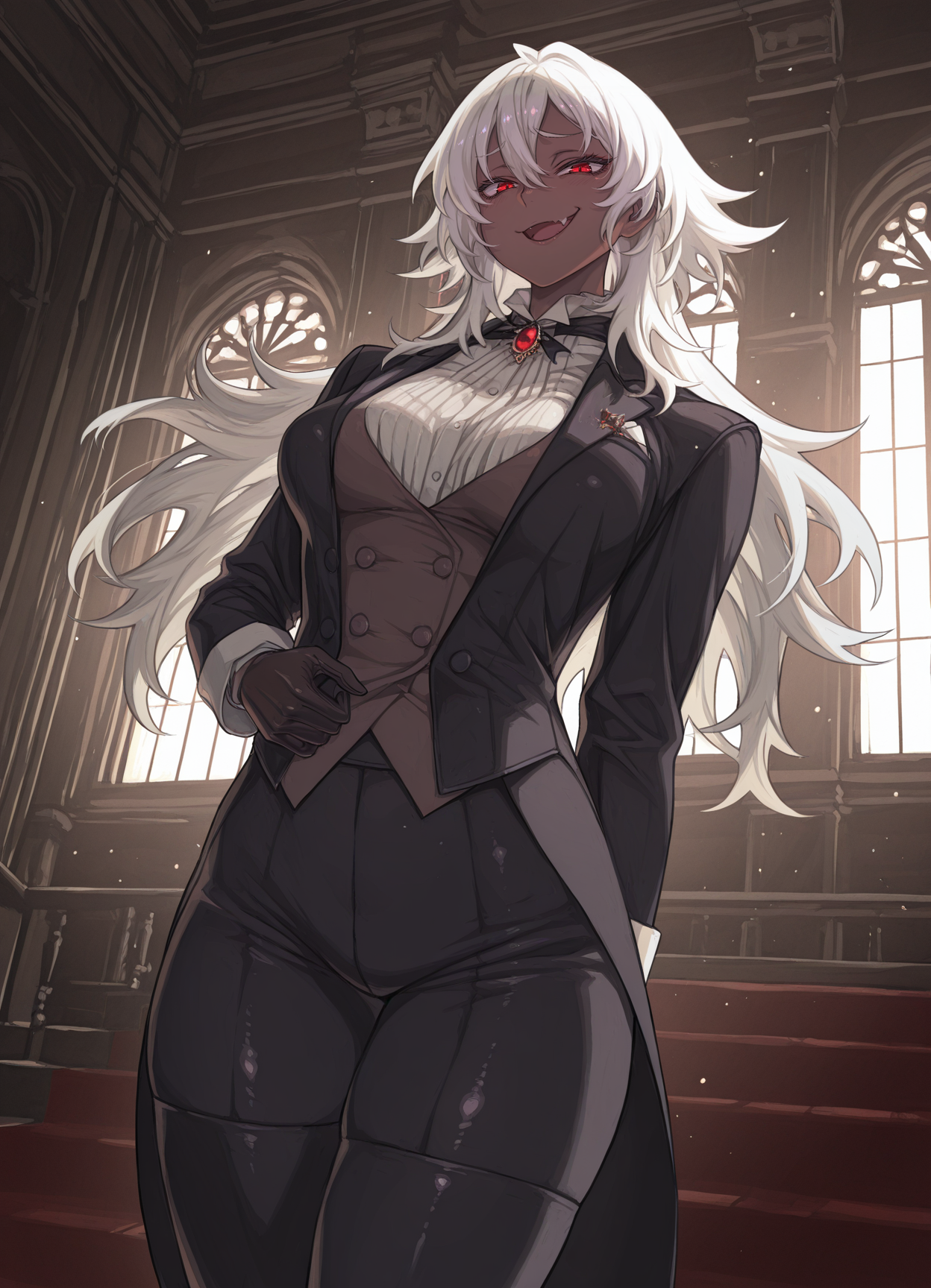 masterpiece, best quality, amazing quality, very aesthetic, absurdres, newest, scenery,extreme detail, 8k, light particles, soft lighting, volumetric lighting, intricate details, finely detailed, detailed eyes, 1girl, solo, vampire, white hair, dark-skin, dark skinned female, (tailcoat,tuxedo,frock coat:1.2), thighhighs, looking at viewer, standing, red eyes, mansion,bedroom, trousers,shirt,vest, smug, smirk, shiny skin, (medium breasts:1.3), thick, fang, half-open mouth,
 <lora:10é»_style:1>