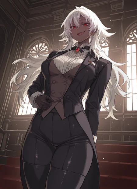 masterpiece, best quality, amazing quality, very aesthetic, absurdres, newest, scenery,extreme detail, 8k, light particles, soft lighting, volumetric lighting, intricate details, finely detailed, detailed eyes, 1girl, solo, vampire, white hair, dark-skin, dark skinned female, (tailcoat,tuxedo,frock coat:1.2), thighhighs, looking at viewer, standing, red eyes, mansion,bedroom, trousers,shirt,vest, smug, smirk, shiny skin, (medium breasts:1.3), thick, fang, half-open mouth,
<lora:10é»_style:1>
