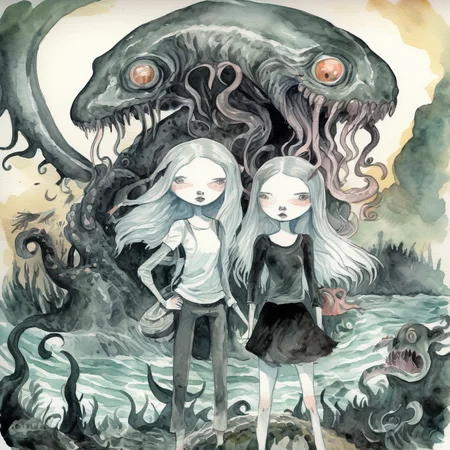 drawix3 a group of girls holds a large creature with tentacles in the background of a surreal world, watercolor a black ink, very detailed <lora:drawix3:0.9>