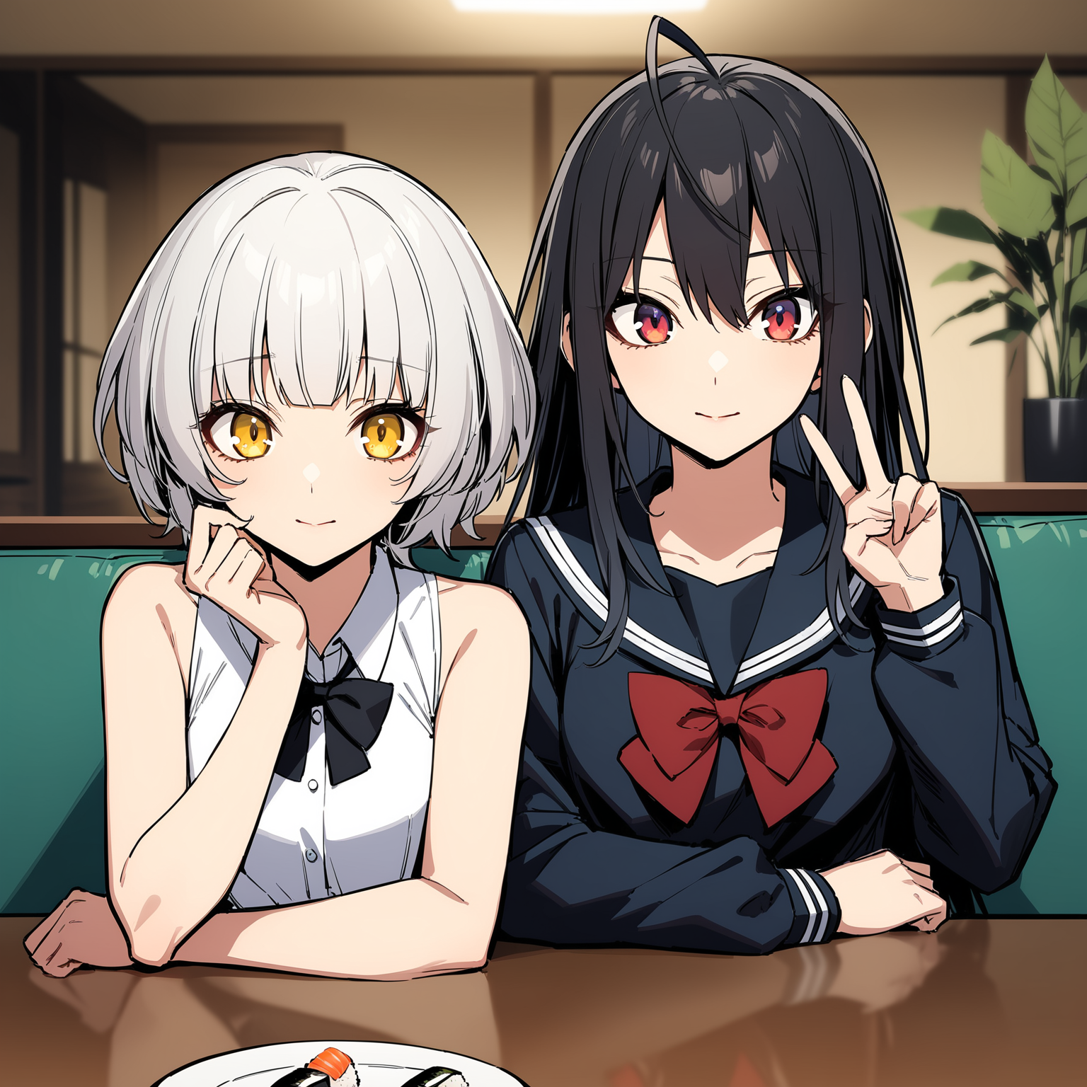 masterpiece, best quality, absurdres, (straight-on:0.6), 2girls, momoshiro chiyoko, yonagi kei, sitting behind table, looking at viewer, gradient eyes, arm at side, closed mouth, light smile, ahoge, hand up, v, black long sleeves serafuku, bowtie, white sleeveless dress, wing collar, indoors, plate, sushi, aged up, depth of field, window, blurry background, plant, couch, <lora:Act-Age-anxl31:0.75>,