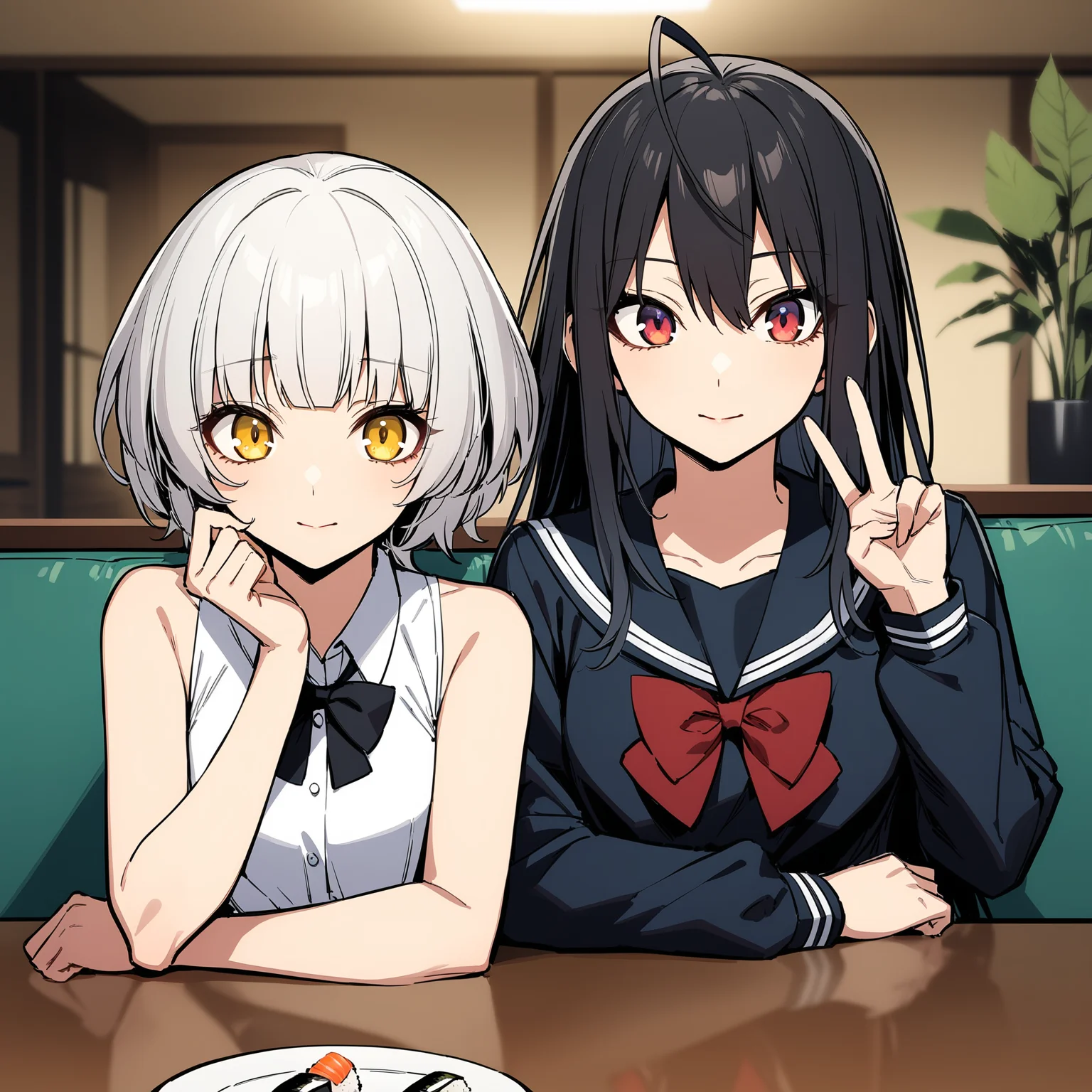 masterpiece, best quality, absurdres, (straight-on:0.6), 2girls, momoshiro chiyoko, yonagi kei, sitting behind table, looking at viewer, gradient eyes, arm at side, closed mouth, light smile, ahoge, hand up, v, black long sleeves serafuku, bowtie, white sleeveless dress, wing collar, indoors, plate, sushi, aged up, depth of field, window, blurry background, plant, couch, <lora:Act-Age-anxl31:0.75>,