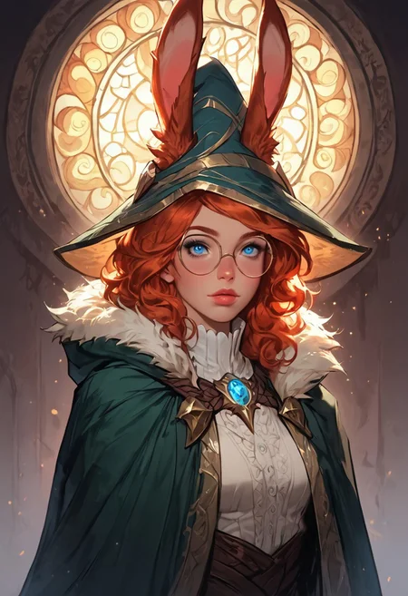 Stable_Yogis_PDXL_Positives, (score_9, score_8_up, score_7_up), ((face focus, eye focus, dynamic angle, motion)), 1girl, solo, fantasy, Tarot Card Style, aurora (league of legends), (blue eyes, rabbit ears, rabbit tail, round eyewear, green cloak, fur trim), sexy witch costume, witch hat, lace, cape, breathless intimacy, tanned skin, petite model bombshell, heart, young, delicate features, narrow pointy nose, tiny nose, lust, big eyes, seductive eyes, blue eyes, detailed skin, flared lashes, mascara, makeup, perky medium breasts, athletic body, narrow waist, skinny hips,
warm light, detailed, neon dark party
 BREAK
milky way, runes, arcane, astral, surreal, ethereal glow, masterpiece, best quality, intricate design. colorful, moonlit nightsky, stained glass aesthetic, moody whimsical color palette, murano glass, bold soldering lines, volumetric light shining through, crepuscular rays, intricate craftsmanship, detailed texture, luminous transparency, reflective light play, vivid hues, atmospheric depth, enchanting silhouette, art nouveau,