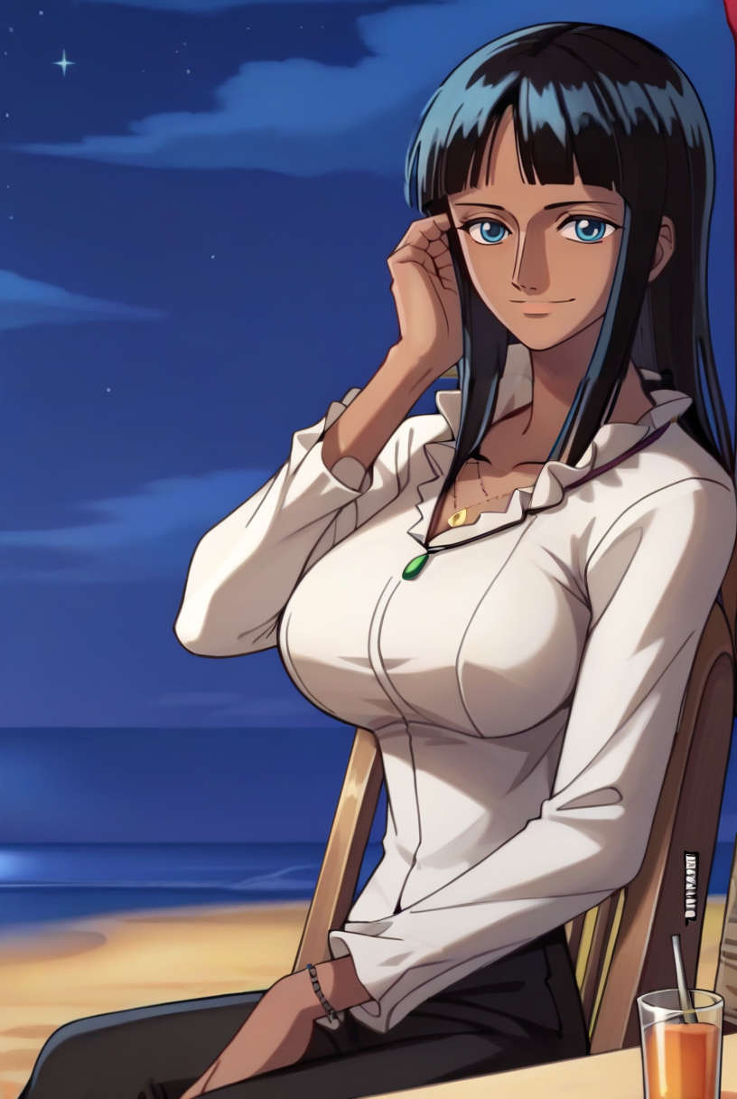 score_9, score_8_up, source_anime,  BREAK solo, 1girl, cowboy shot, looking at viewer,
<lora:NicoRobinAIOptwoPdxlDwnsty-000007:0.9>, thrillerbarktwo, blue eyes, black hair, medium hair, blunt bangs, dark-skinned female, jewelry necklace, white shirt, long sleeves, frilled collar, black pants, 
large breasts, smile, adjusting hair, 
outdoors, beach, bar, night, starry sky, sitting, on chair,