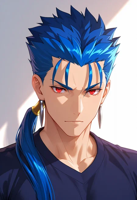 masterpiece, best quality, , (3d:0.4), , 1boy, solo, male focus, <lora:lancer_fsn_ilxl:0.98>, lancer_fsn, cu chulainn \(fate\), blue hair, red eyes, long hair, ponytail, spiked hair, , , ,