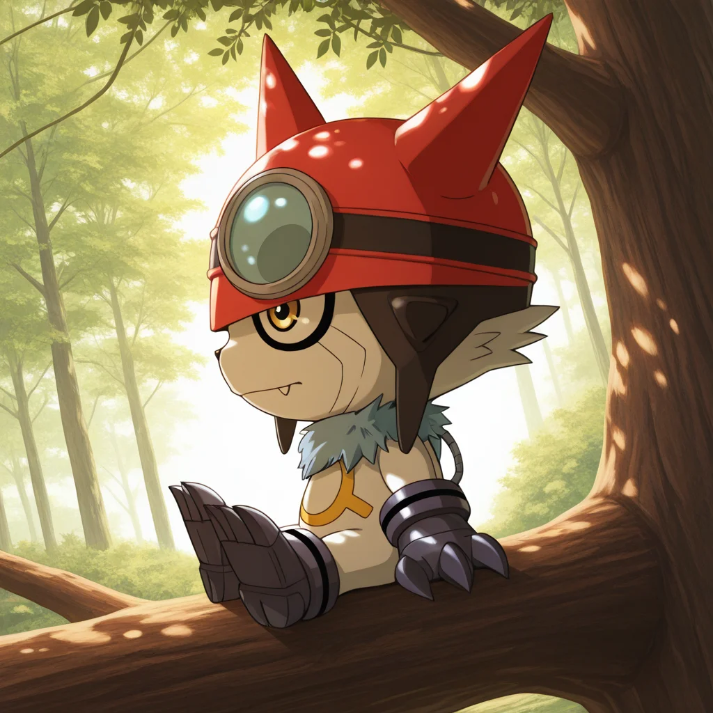 masterpiece, best quality, amazing quality, colorful,<lora:gatchmon-v1-000012:1> d-gatchmon, 1other, chibi, digimon \(creature\), no humans, ((wire on back)), ((3digits)), dutch angle, outdoors, on tree, sitting, dappled sunlight, three quarter view
