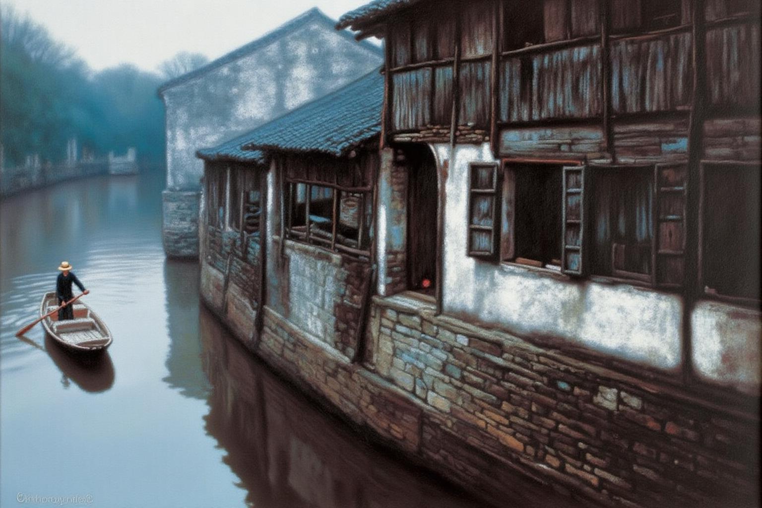 chenyifei2 painting.
A tranquil canal scene in a traditional village in Southern China. A small, rustic wooden boat glides along a narrow, murky waterway. A solitary figure, wearing a hat and dark outfit, stands at the stern, propelling the boat with a long oar. There are rustic houses made of stone and wood on the right.
 <lora:chenyifei2_cap_d6a3:1.0><lora:839847727933273662:0>