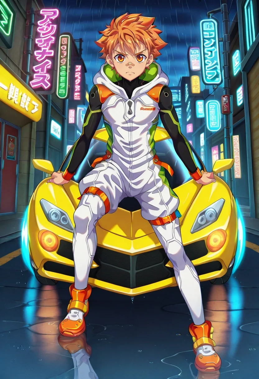 masterpiece, best quality, , anime screencap, , , looking at viewer, , 1boy, solo, male focus, <lora:jirou_camp_buddy_ilxl:0.92>, jirou_camp_buddy, orange hair, orange eyes, bandaid on nose, cyberpunk street, neon signs, hovercars, rain puddles, walking pose, alert expression, night, romper,