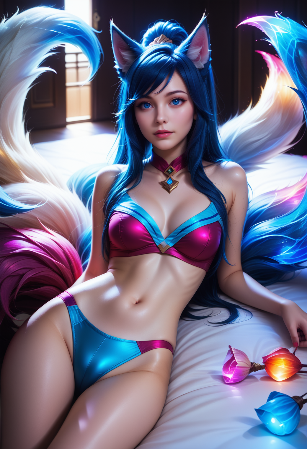 BlueFoxeij, laying, in a bedroom, ground, temple <lora:BlueFoxeijPONY-000002:1>, lying on her stomach, nine tailed