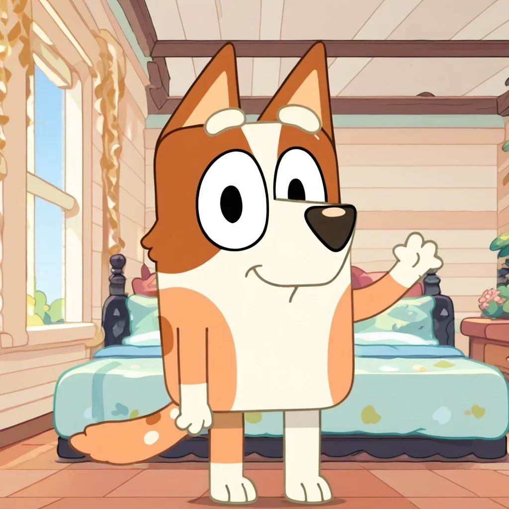 score_9, score_8_up, score_7_up, score_6_up, score_5_up, score_4_up, bluey style, masterpiece, high quality, realistic, detailed, best quality, white bed, solo, rating_safe, source_furry, bedroom, smiling, looking at viewer, good_hands, standing, waving, brandy_bluey, dog, canine, brown fur, white fur, two-toned fur, white left ear, tail, female, 1girl, black eyes, anthro
