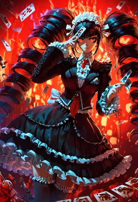 (score_9,score_8_up,score_7_up,score_6_up,score_5_up,score_4_up), 4k,<lora:celestia-ludenberg-s1-ponyxl-lora-nochekaiser:1>,celestia ludenberg,long hair,bangs,black hairred eyes,long sleeves,twintails, drill hair,twin drills,danganronpa_(series),1girl,(slimes_skullwm),skull shaped sclera,(wide hips),thick thighs,curvy,(serious),(casino),(maid dress),(gothic),TV in background,(coins),(flying cards),(jewelry),large breasts,(hand sign),(neon lights),(posing),(print red necktie),holding card,crystal ball,print maid outfit,wooden table,card made of skulls, (masterpiece,best quality),<lora:Pony_QualityV4.0.safetensors:1.0>, (high quality,detailed),<lora:Pony_DetailV2.0.safetensors:1.0>,best shadow,4k,<lora:blood_orange_world_morph_sdxl.safetensors:1.0>