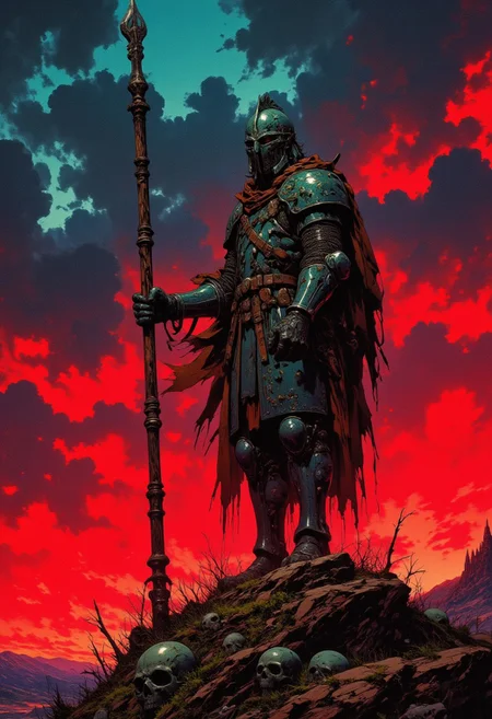 cinematic film still award winning photo .A knight holding a rusty pike ,stands on a pile of rock and skulls with the pike pointing upwards to the sky, All around it nature. The sky a somber dark red and dark blue, depth of field, vignette, highly detailed, high budget, bokeh, cinemascope, moody, epic, gorgeous, film grain, grainy,anime, cyberpunk, Comic book style,CAICO