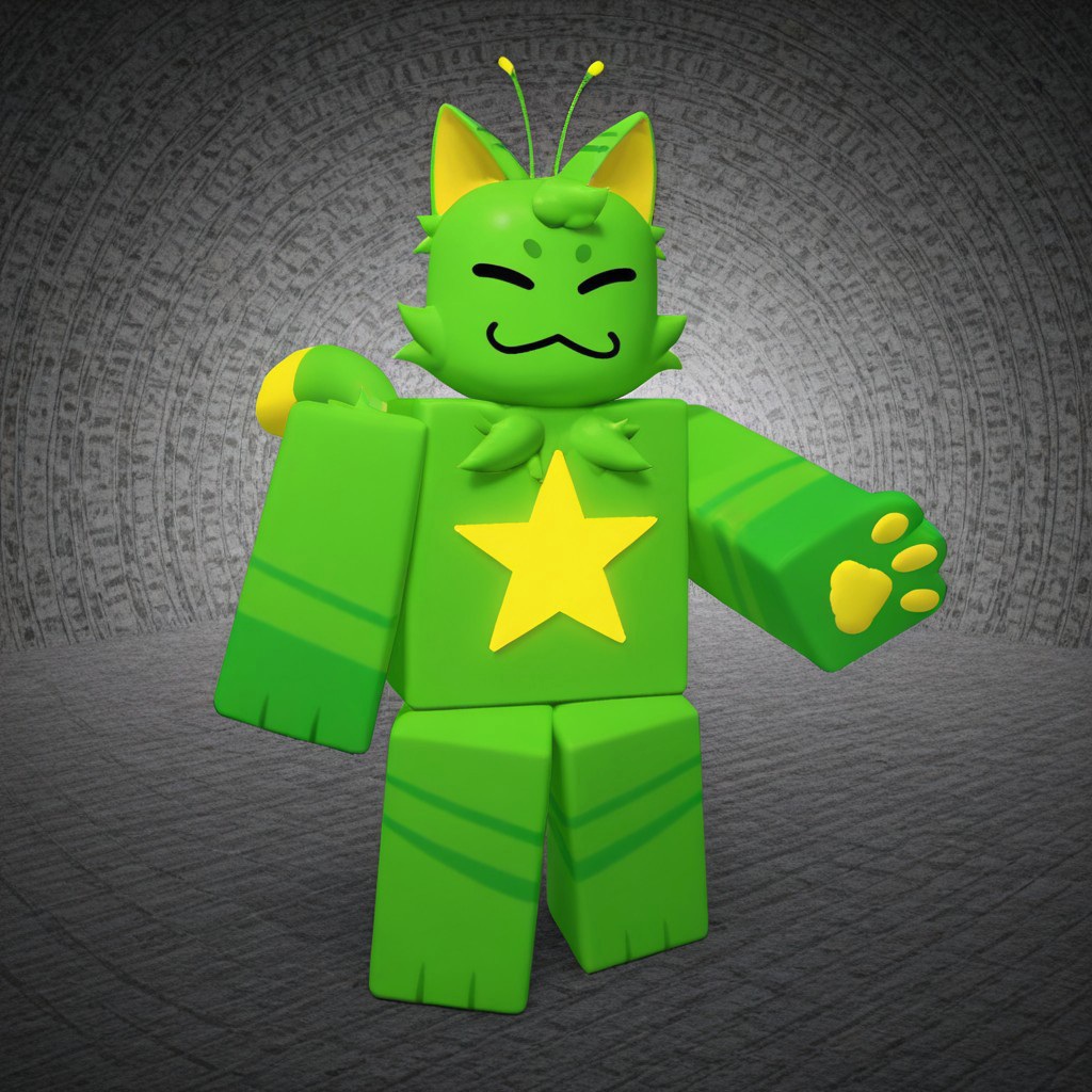 Oldgnarpy, furry, male, furry male, antennae, animal ears, cat ears, yellow inner-ears, Green fur, fur tufts, feline, cat, yellow star on torso, tail, dipstick tail, :3, eyes closed, yellow pawpads, noseless, no nose, 

BREAK standing, facing viewer, abstract background, full body

BREAK best quality, amazing quality, very aesthetic, absurdres, newest, masterpiece 