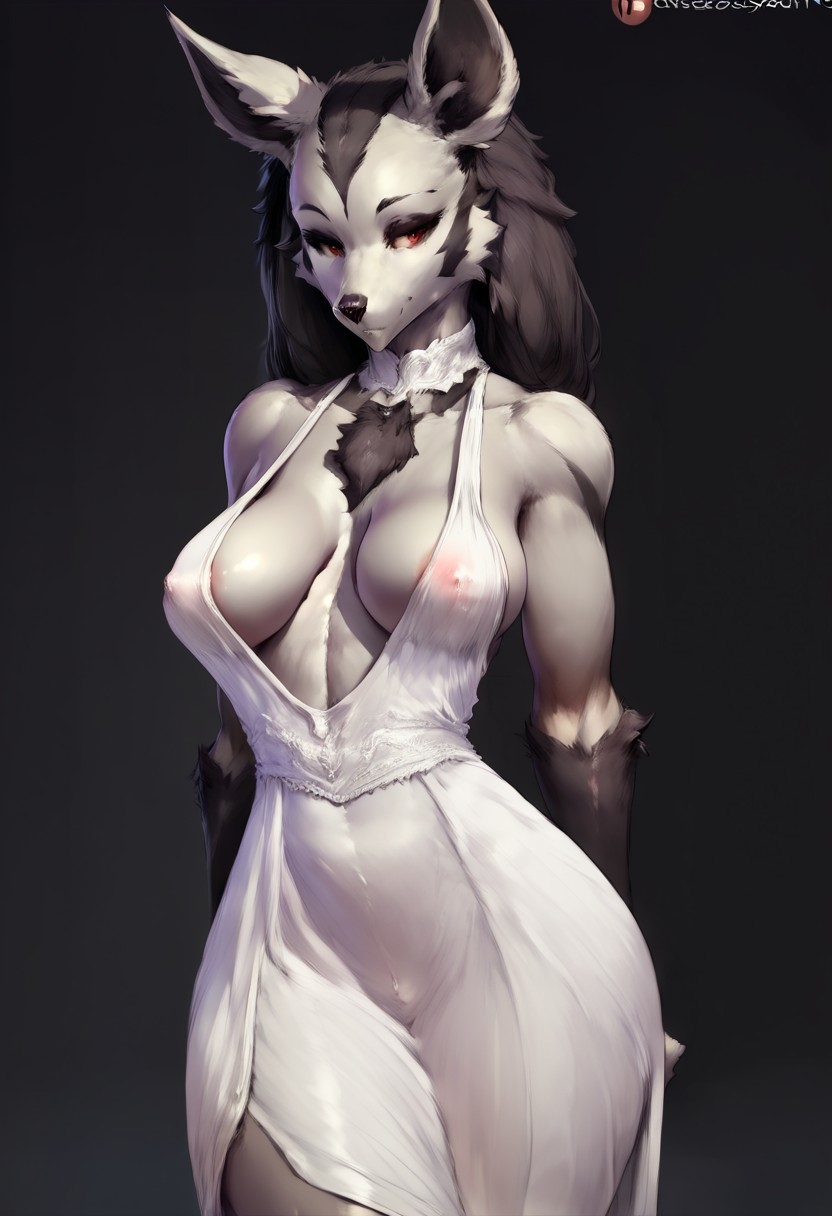 score_9, score_8_up, score_7_up, uploaded on e621, explicit content, 3d, (bastika, cutesexyrobutts, hioshiru), female, solo, mightyena, (white dress:1.2), (medium breasts, natural breasts:0.8), black background,