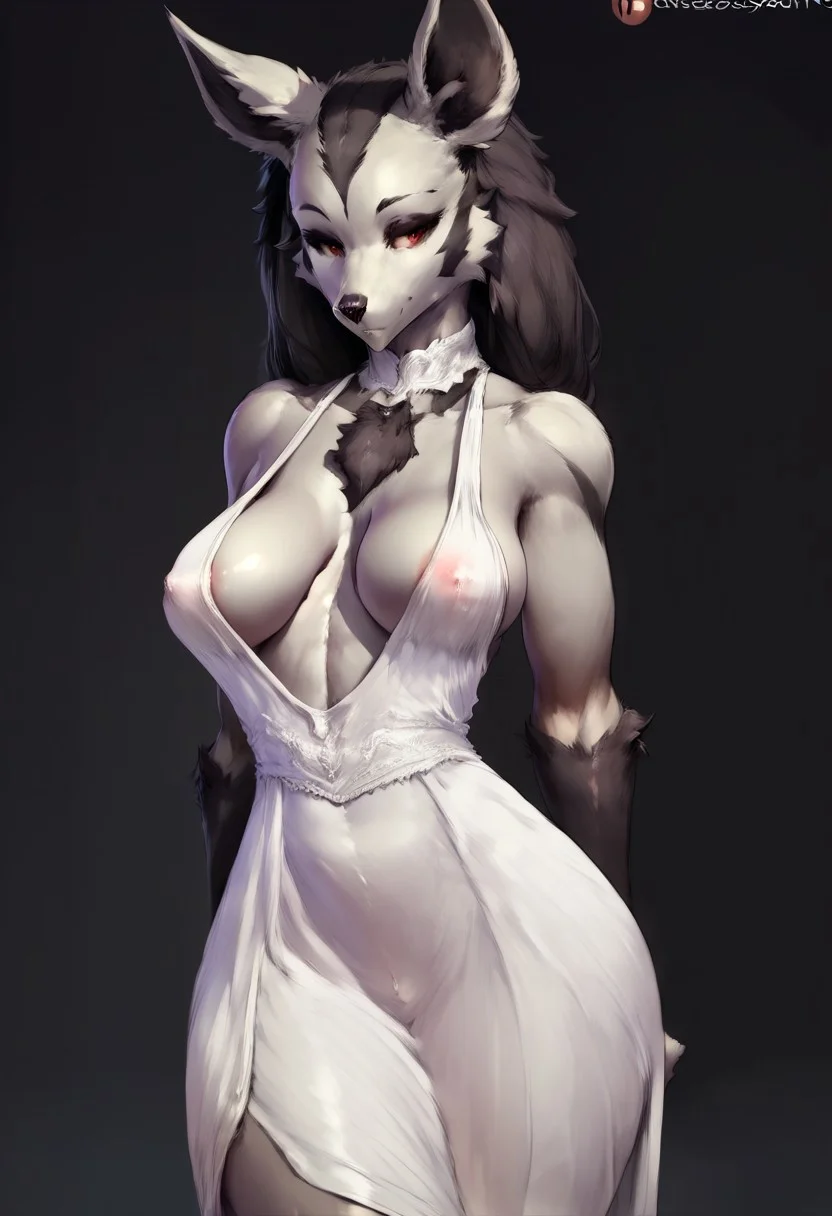 score_9, score_8_up, score_7_up, uploaded on e621, explicit content, 3d, (bastika, cutesexyrobutts, hioshiru), female, solo, mightyena, (white dress:1.2), (medium breasts, natural breasts:0.8), black background,