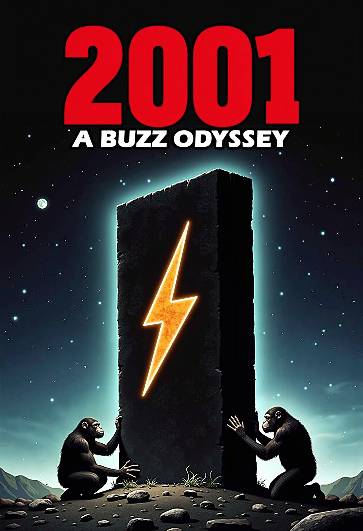 A parody poster based on the movie 2001 A Space Odyssey. At the top "2001" in large red text and underneath "A BUZZ ODYSSEY" in white matching the width. Below a large black monolith is stuck in the ground with a glowing thunder emoji embossed on it's surface . Apes are on their knees touching the monolith worshiping it.