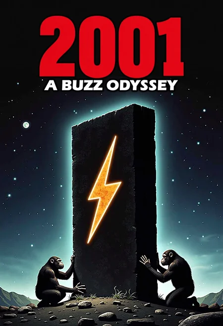 A parody poster based on the movie 2001 A Space Odyssey. At the top "2001" in large red text and underneath "A BUZZ ODYSSEY" in white matching the width. Below a large black monolith is stuck in the ground with a glowing thunder emoji embossed on it's surface . Apes are on their knees touching the monolith worshiping it.
