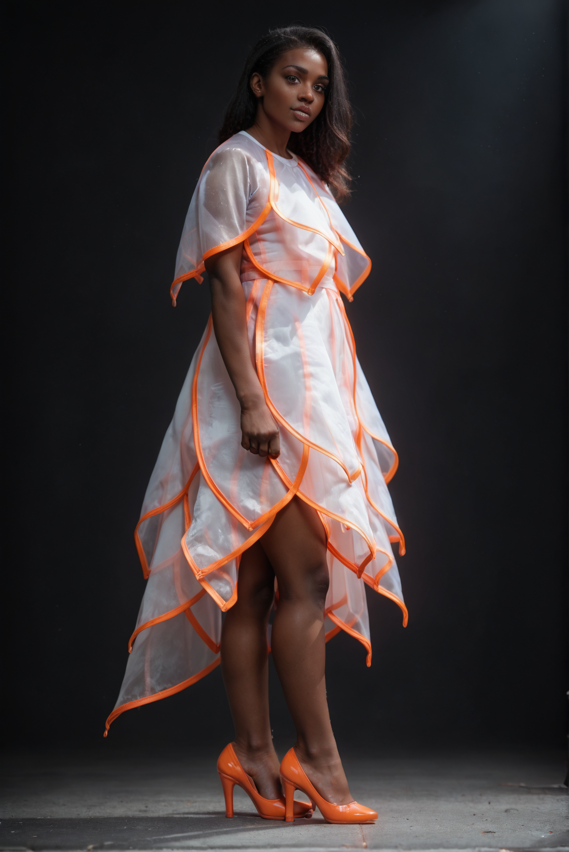 (embedding:Pony_PDXL_Negative_Embeddings\zPDXL2),dark background,1girl,full body,solo,white capelet,white dress,orange capelet,orange dress,orange trim,arms_behind_back,(black hair:1.1),very-dark skin,brown eyes,looking at viewer,high heels<lora:MyTrainings\Test\Layered_Leaves_Dress_XL_Pony_ARZUMATA.safetensors:1>