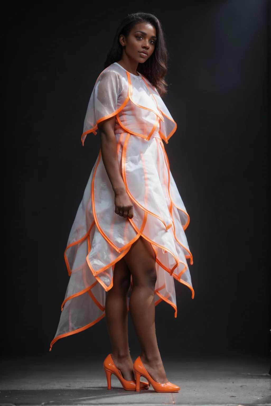 (embedding:Pony_PDXL_Negative_Embeddings\zPDXL2),dark background,1girl,full body,solo,white capelet,white dress,orange capelet,orange dress,orange trim,arms_behind_back,(black hair:1.1),very-dark skin,brown eyes,looking at viewer,high heels<lora:MyTrainings\Test\Layered_Leaves_Dress_XL_Pony_ARZUMATA.safetensors:1>