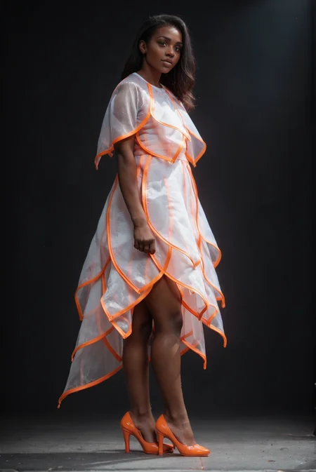 (embedding:Pony_PDXL_Negative_Embeddings\zPDXL2),dark background,1girl,full body,solo,white capelet,white dress,orange capelet,orange dress,orange trim,arms_behind_back,(black hair:1.1),very-dark skin,brown eyes,looking at viewer,high heels<lora:MyTrainings\Test\Layered_Leaves_Dress_XL_Pony_ARZUMATA.safetensors:1>
