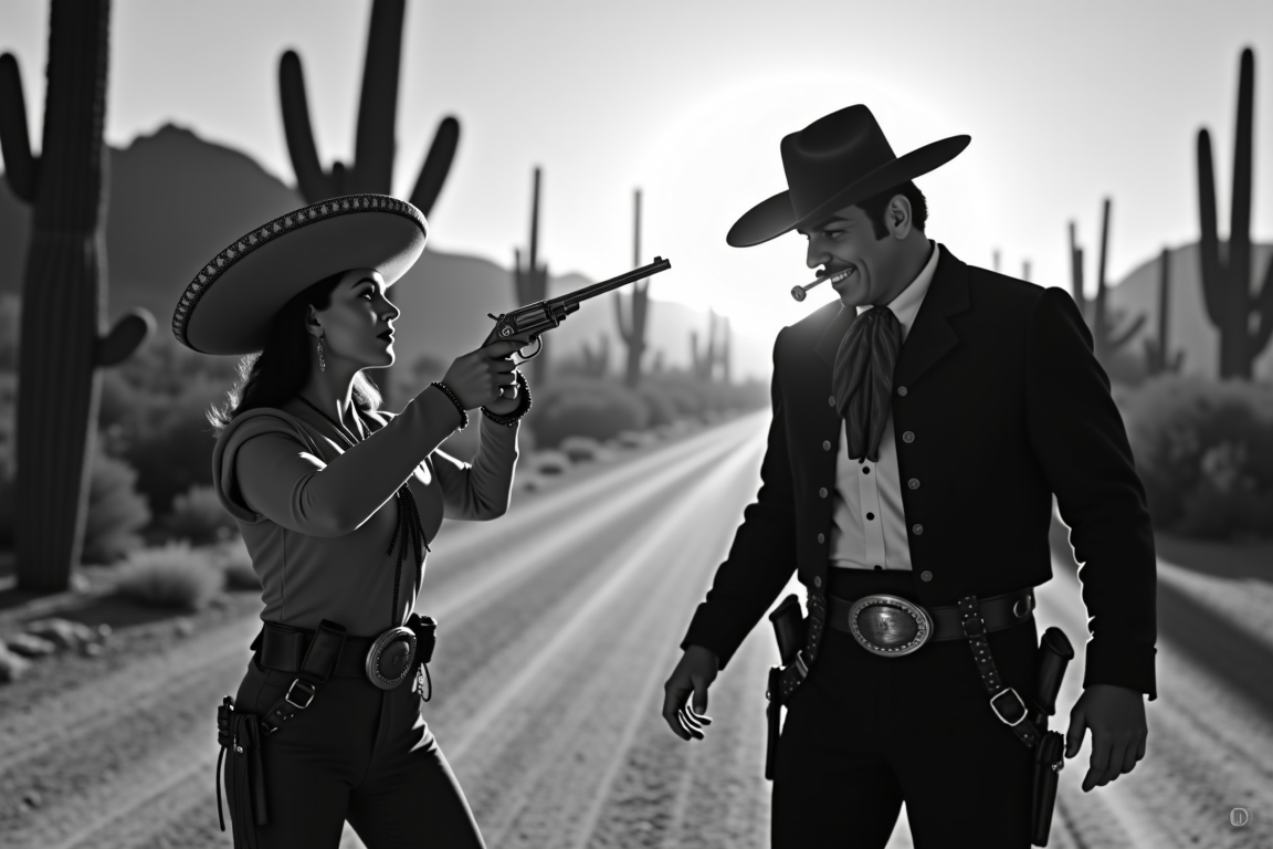 <lora:Mexican Noir Style-flux:1> mxnoirsty, black and white, dark,  The Charra and the Bandit (Western-Noir Style, Dramatic Side Lighting, Captured on a 1940s Speed Graphic Camera)
A fearless charra, her sombrero tilted back, holds a silver-plated revolver steady in her gloved hand. Opposite her, a rugged bandit in a torn serape grins through his cigar smoke, his hands resting dangerously close to his holster. The sun dips behind the saguaro cacti, casting long, menacing shadows across the dusty road between them. A 1940s Speed Graphic camera captures the high-drama with crisp detailsâthe tension is thick, the inevitable showdown just seconds away.
