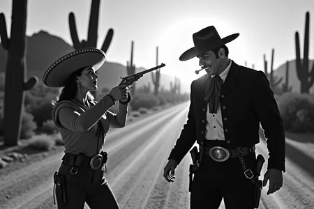 <lora:Mexican Noir Style-flux:1> mxnoirsty, black and white, dark, The Charra and the Bandit (Western-Noir Style, Dramatic Side Lighting, Captured on a 1940s Speed Graphic Camera)
A fearless charra, her sombrero tilted back, holds a silver-plated revolver steady in her gloved hand. Opposite her, a rugged bandit in a torn serape grins through his cigar smoke, his hands resting dangerously close to his holster. The sun dips behind the saguaro cacti, casting long, menacing shadows across the dusty road between them. A 1940s Speed Graphic camera captures the high-drama with crisp detailsâthe tension is thick, the inevitable showdown just seconds away.