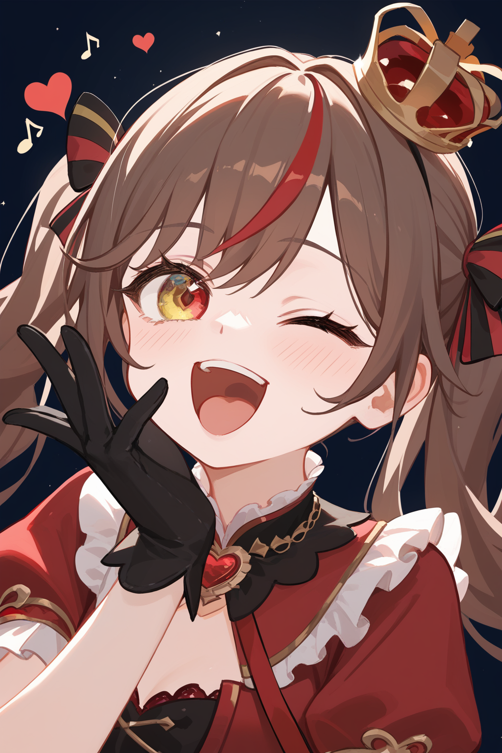 (score_9,score_8_up,score_7_up,),<lora:io1-000018:0.8>,bingtang quuen,brown hair,crown,black gloves,twintails,red dress,red eyes,heterochromia,streaked hair,yellow eyes,upper_body,heart,one eye closed,naughty_face,singing,