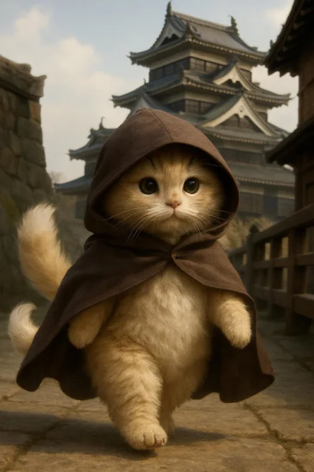 Generate me a cute cat  with 2 tails walking on its hind legs wearing a cloak with the hood up. Its set in a japanese castle. cute, fluffy, realistic, 8k, uhd, high quality, depth of field,