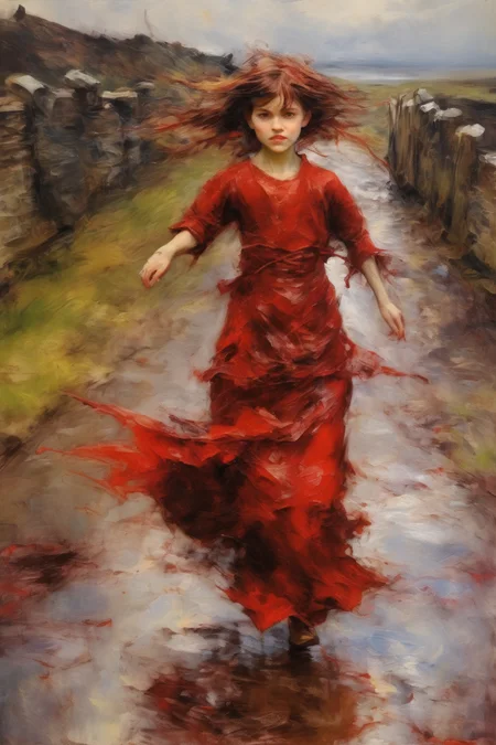 <lora:William McTaggart Style:1>William McTaggart Style - Oil Painted Poetry, She walks through the village in her little dragon 's blood dress, all absorbed in restraining herself, and yet, despite herself, she seems to move according to the rhythm of her life to come. She runs a bit, hesitates, stops, half-turns around and, all while dreaming. head over the shoulder, dancing, face visible, Cinematic, dramatic, vibrant dragon's blood, motion, movement