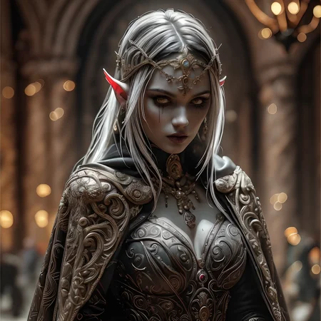 RAW photo, (masterpiece:1.3), subsurface scattering, heavy shadow, (high quality:1.4), (intricate, high detail:1.2), professional photography, HDR, High Dynamic Range, realistic, ultra realistic, photorealistic, high resolution, film photography, ambient lighting, atmospheric effects, <lora:detail_slider_v4:2>, OverallDetail, a female drow sorceress, dark makeup, intricate dress, jewelry, cape, circlet, <lora:Drow:1>, epiCPhoto