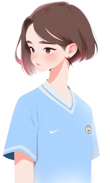 full body, cute 25-year-old Japanese woman with short brown hair, outwardly flipped ends, slightly narrow eyes, white background,wearing Manchester City football shirt