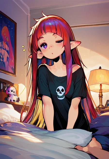 ((masterpiece,best quality)), absurdres, BREAK, score_9, score_8_up, score_7_up, score_6_up, 8k, hires,1girl, beautiful girl, kawaii girl, cute face, looking at viewer, pov, pose, hot, bedroom, on bed, lamp, pillows, stuffed animals, gun, revolver,, high contrast, dramatic shadows, highly detailed, detailed skin, depth of field, walking away, shadows, messy bangs, black t-shirt, emo, skull tshirt,  very long hair, red hair, messy hair, no pants,  goth, small breasts, young, petite, elf,  waking up, rubbing eyes, long ears, , <lora:add-detail-xl:3>