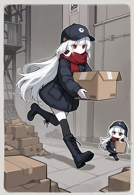 best quality, very aesthetic, 1girl, thin, white hair, really long hair, red eyes, white eyelashes, pale skin, white outline, small breasts, ((chibi style)), simplified painterly, muted colour palette, (delivery person), running, cap, ((holding parcels)), (cardboard box tower). parcel pile, sticker sheet style, clean style, puffy coat, black thigh high socks, large laced boots, big scarf, winter fashion