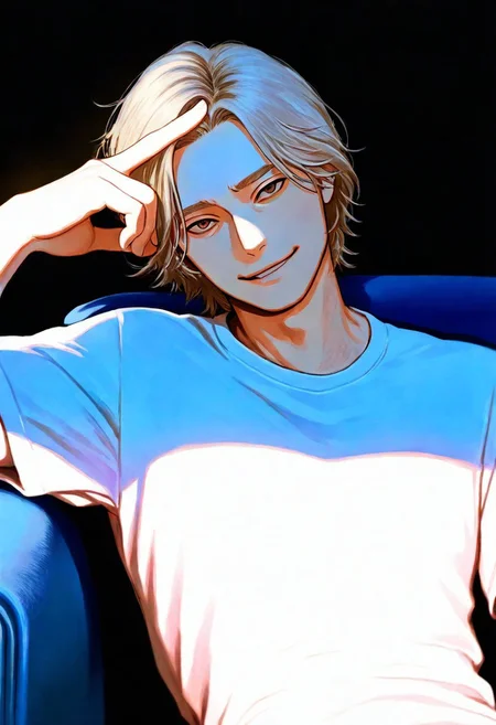 1man, solo, adult, dirty blonde hair, looking at viewer, light brown eyes, white casual shirt with short sleeves, toned body, making finger gun pointing at his head, sitting on the couch, {leaning back|relaxed} \(posture\), masterpiece, best quality, very aesthetic, semi-realistic, underlighting, {stoic|smirking|tired} \(expression\), upper body, (head tilt:1.1)