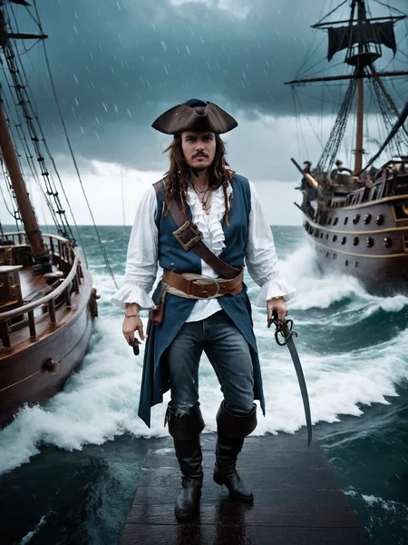 cinematic photo ,Pirate, epic Szene from Ship in the Storm, vignette, 4k epic detailed, shot on kodak, 35mm photo, sharp focus, high budget, cinemascope, moody, epic, gorgeous, film grain, grainy, <lora:Piraten:0.5> . 35mm photograph, film, bokeh, professional, 4k, highly detailed