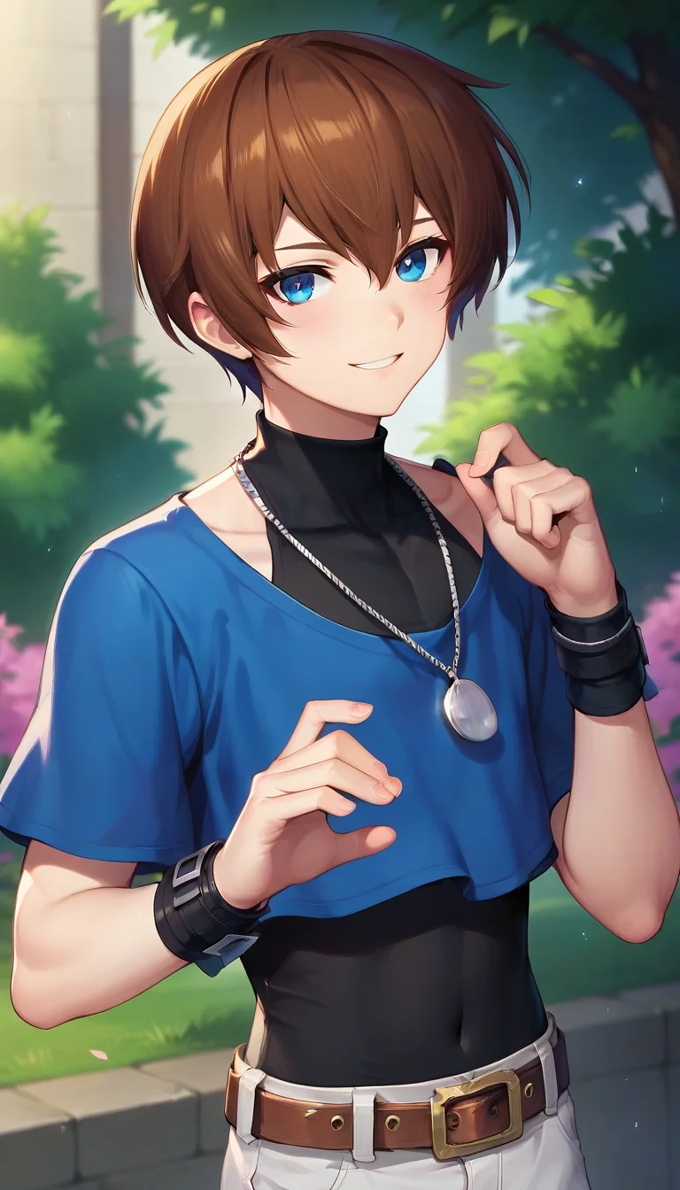 score_9,score_8_up,score_7_up,score_6_up BREAK official art,1boy,solo,outdoors,upper body,(portrait:1.5),looking at viewer,facing viewer,smile,blush,taut clothes,androgynous,androgynous,Chris,short hair,brown hair,hair between eyes,bangs,blue eyes,jewelry,necklace,blue shirt,turtleneck,black vest,short sleeves,wristband,bracelet,vest covered navel,groin,brown belt,white pants,pants rolled up,black socks,blue boots,<lora:Chris(kof)-Pony:1.5>,