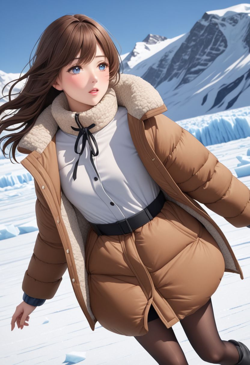 ((((masterpiece)))), ((((best quality)))), ((intricate details)), (photorealistic)))), RAW, 8K UHD, (1girl), (office lady), a realistic representation of the face, detailed face, beautiful face, charming, bonny, (erotic face), (long messy brown hair), (blue eyes), ((((Oversized sherpa padded down coat)))), ((walking on icefield)), (cold), dynamic pose, (((blush))), (heavy breathing), ((feels orgasm)), wind, (Thick padded collar:1.4), (TSH:1.4), (Thick padded cuffs:1.4)