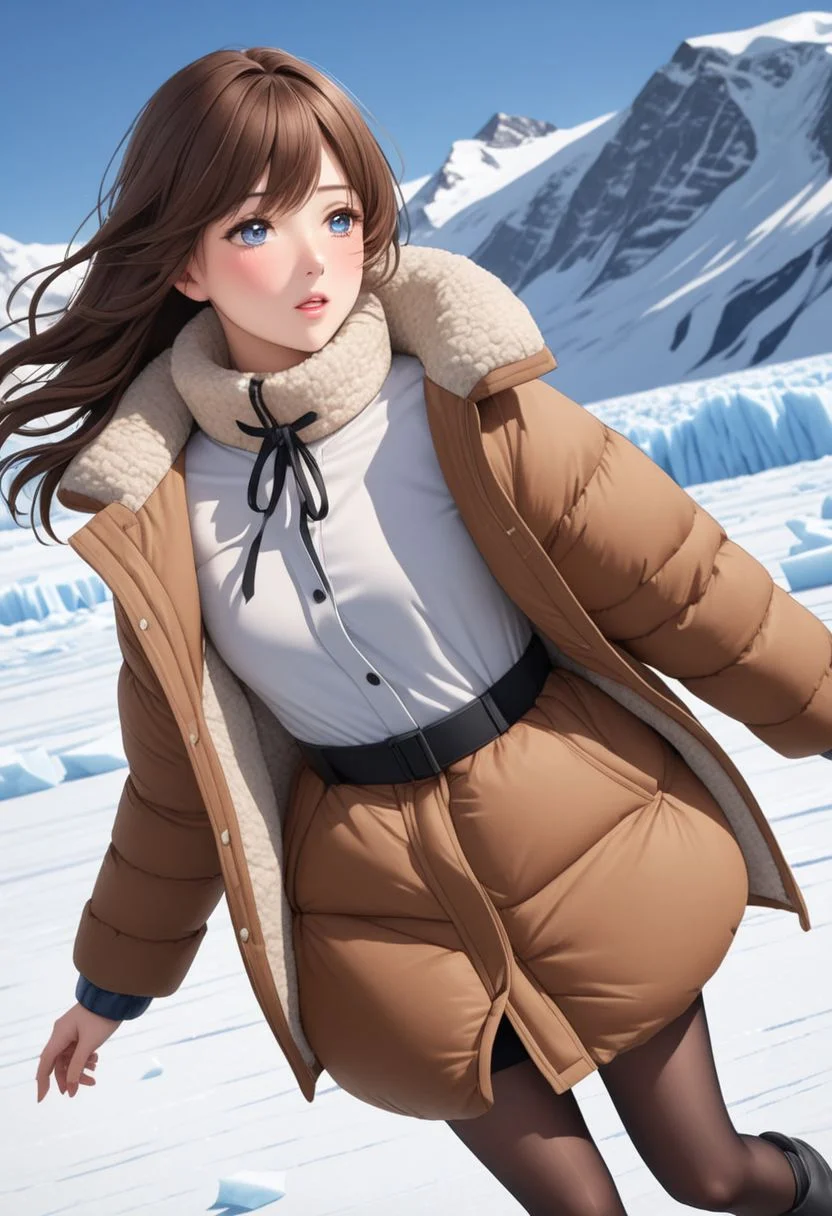 ((((masterpiece)))), ((((best quality)))), ((intricate details)), (photorealistic)))), RAW, 8K UHD, (1girl), (office lady), a realistic representation of the face, detailed face, beautiful face, charming, bonny, (erotic face), (long messy brown hair), (blue eyes), ((((Oversized sherpa padded down coat)))), ((walking on icefield)), (cold), dynamic pose, (((blush))), (heavy breathing), ((feels orgasm)), wind, (Thick padded collar:1.4), (TSH:1.4), (Thick padded cuffs:1.4)