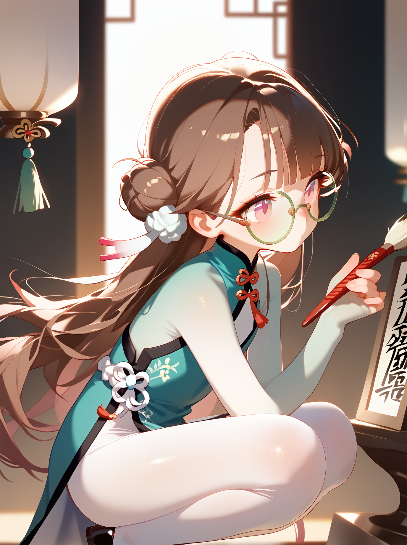 <lora:zhezhi_(wuthering_waves):0.8>,((brown hair)),long hair,light_blush,pink eyes,bunches,(centre parting bangs:1.3),(white_bodystocking:1.3),1girl,(long hair:0.9),petite,flat chest,solo,beautiful eyes,{{{enviroment_light ,backlighting}}},flower_print,side slit,squatting,core_9,score_8_up,score_7_up,score_6_up,<lora:fangdongye_v3.0:0.6>,(masterpiece, best quality),beautiful face,beautiful eyes,looking at another,<lora:naipf:0.7>,Chinese Calligraphy Brush Pen,chinese clothes,scrawl,white_pantyhose,green clothes,(round_eyewear:1.3),from_side,