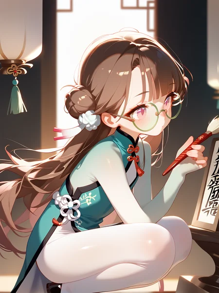 <lora:zhezhi_(wuthering_waves):0.8>,((brown hair)),long hair,light_blush,pink eyes,bunches,(centre parting bangs:1.3),(white_bodystocking:1.3),1girl,(long hair:0.9),petite,flat chest,solo,beautiful eyes,{{{enviroment_light ,backlighting}}},flower_print,side slit,squatting,core_9,score_8_up,score_7_up,score_6_up,<lora:fangdongye_v3.0:0.6>,(masterpiece, best quality),beautiful face,beautiful eyes,looking at another,<lora:naipf:0.7>,Chinese Calligraphy Brush Pen,chinese clothes,scrawl,white_pantyhose,green clothes,(round_eyewear:1.3),from_side,