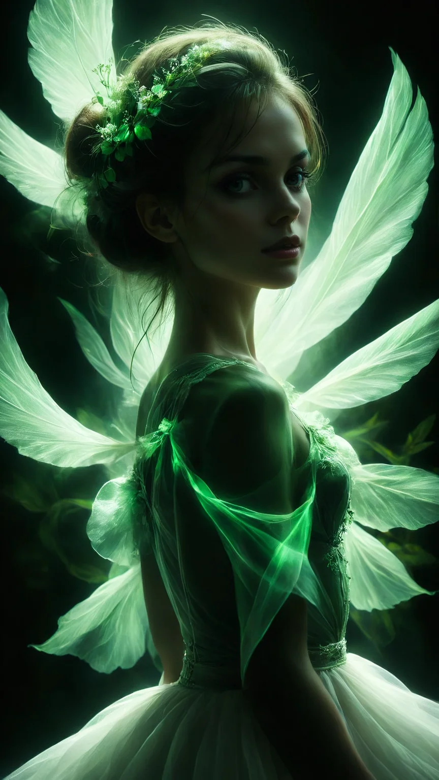An overwhelmingly beautiful and majectic portrait of a nymph merging into green translucent fabric. dramatic display of light and shadow. deep focus, dark background, looking at viewer, dynamic pose <lora:DoubleExposure:0.8> double Exposure, <lora:light_contour_sdxl:0.5> ltctr <lora:Flux-style-xl-lora:0.4>, score_9,score_8_up,score_7_up, outraging art, Olympus AZ-1, calotype, Sensory viewpoint, soft, çµå½±çº§ç
§æï¼å¤§å¸ä½å