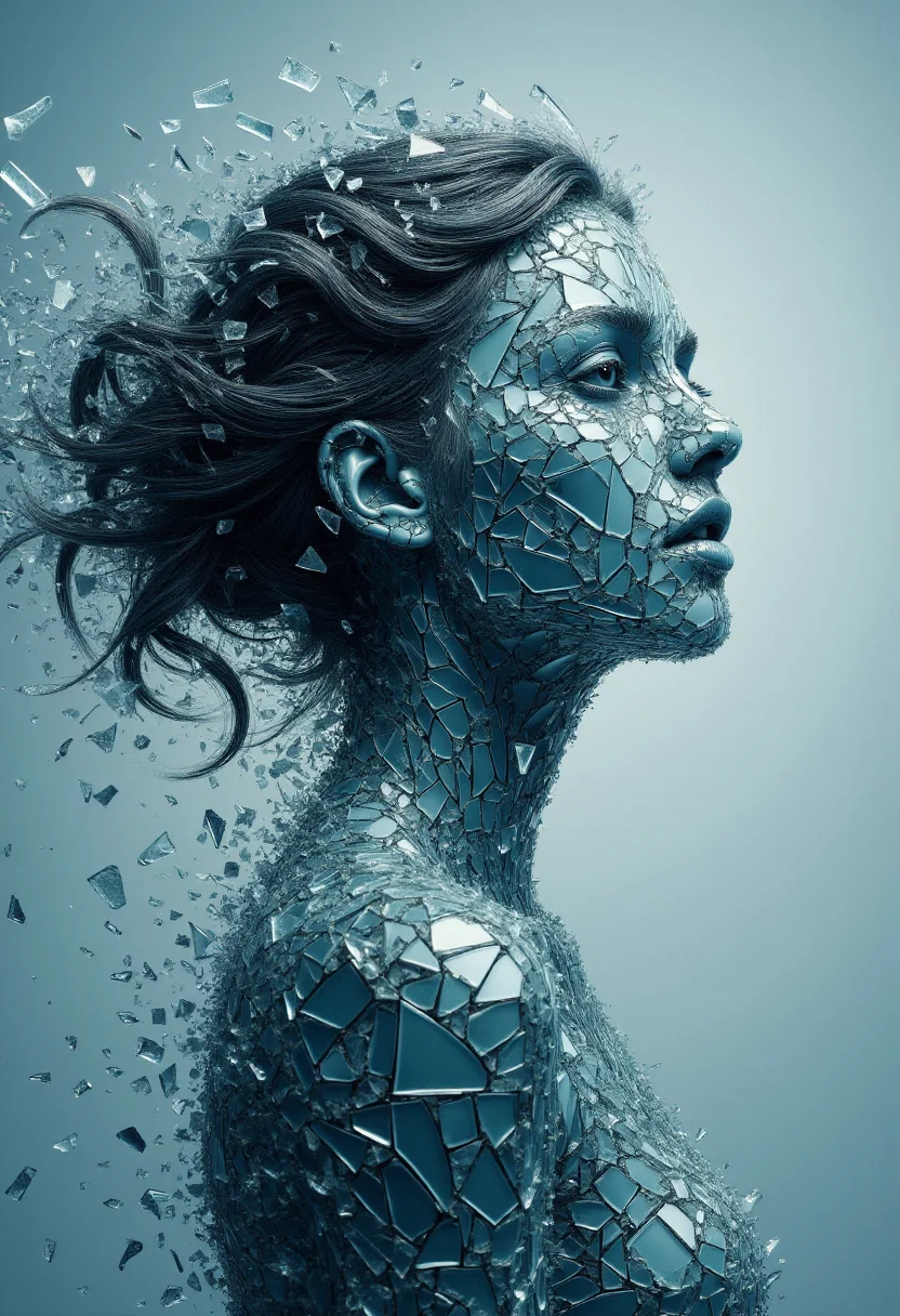 <lora:Glass_Fracture_Former_FLUX-000017:0.9>
This is a digital artwork featuring a stylized, surreal image of a woman made entirely of shattered glass.