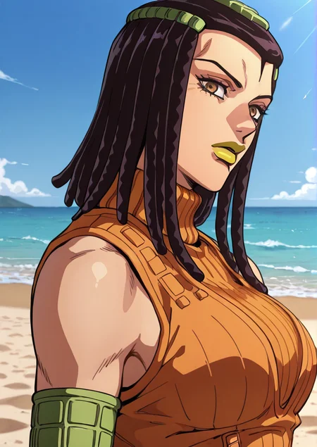 (jojo:0.4), 3rme5, 1girl, ermes costello, using standpower, sleeveless, green lipstick, orange turtleneck sweater, <lora:Jojos_Bizarre_Adventure_Ermes_Costello_-_IL:0.7>, sand dunes, ocean, blue sky, close up, side view