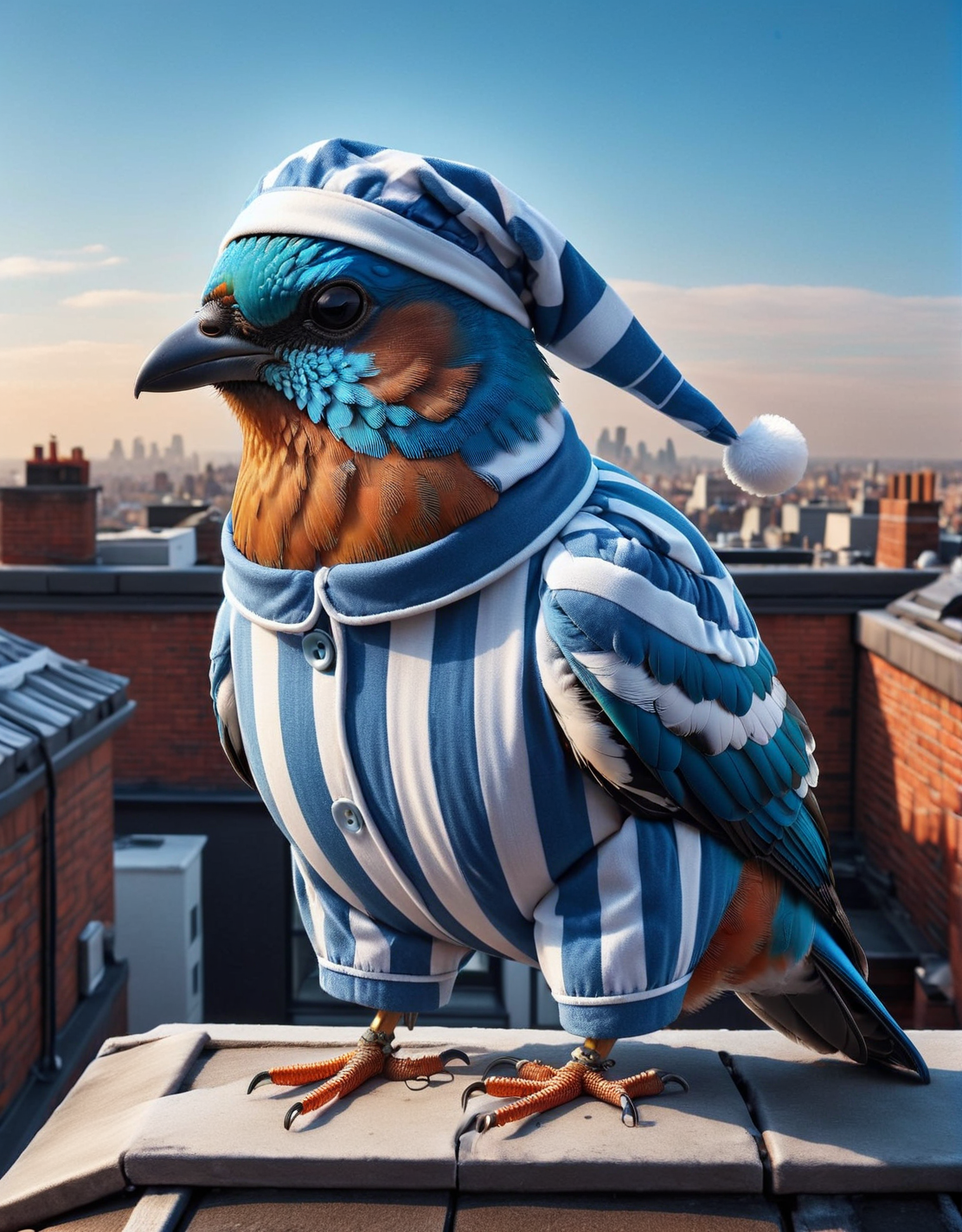 An ais-pyjms bird on a rooftop <lora:ais-pyjms-sdxl:1>, masterpiece, uhd, 4k