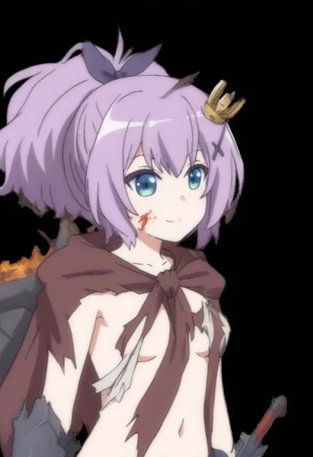 azur lane metanize, 1girl, solo, /javelin_slow_ahead/, /default_outfit/, (small breasts, torn shirt, torn skirt, torn clothes, open clothes, clothing cutout, revealing clothes, collarbone, navel, covered nipple:1.2), BREAK (blood on face, cheerful smile, holding lance, lance on shoulder:1.3), BREAK (upper body, close up portrait:1.4), white background, simple background, floating rock, magma, lava, masterpiece