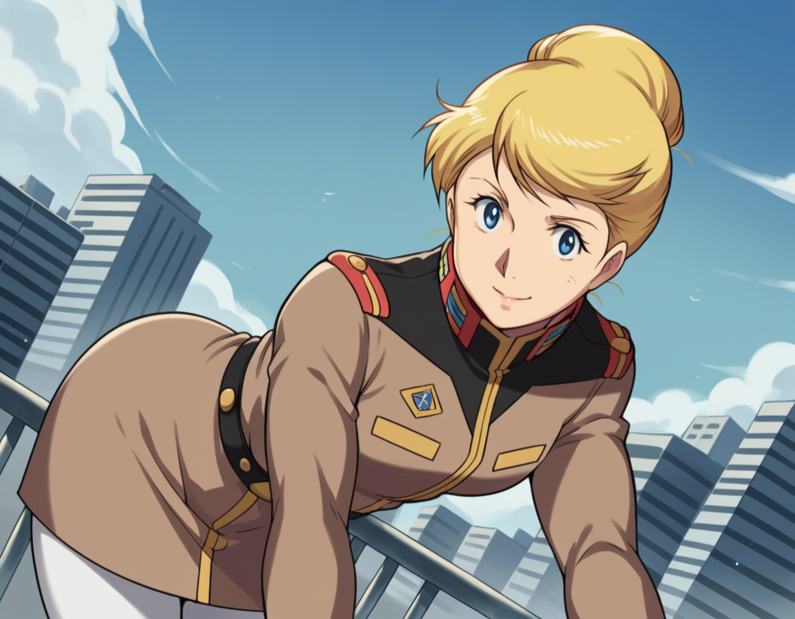 score_9, score_8_up, score_7_up, source_anime,
crowleyhamon, <lora:crowley-hamon-ova-ponyxl-lora-nochekaiser:0.7>,
crowley hamon, medium hair, blonde hair, blue eyes, hair over shoulder,
pantyhose, belt, uniform, military, military uniform, white pantyhose, hair bun, single hair bun,
outdoors, cityscape, bent over, smile,
looking at viewer, cowboy shot, solo, dutch angle,