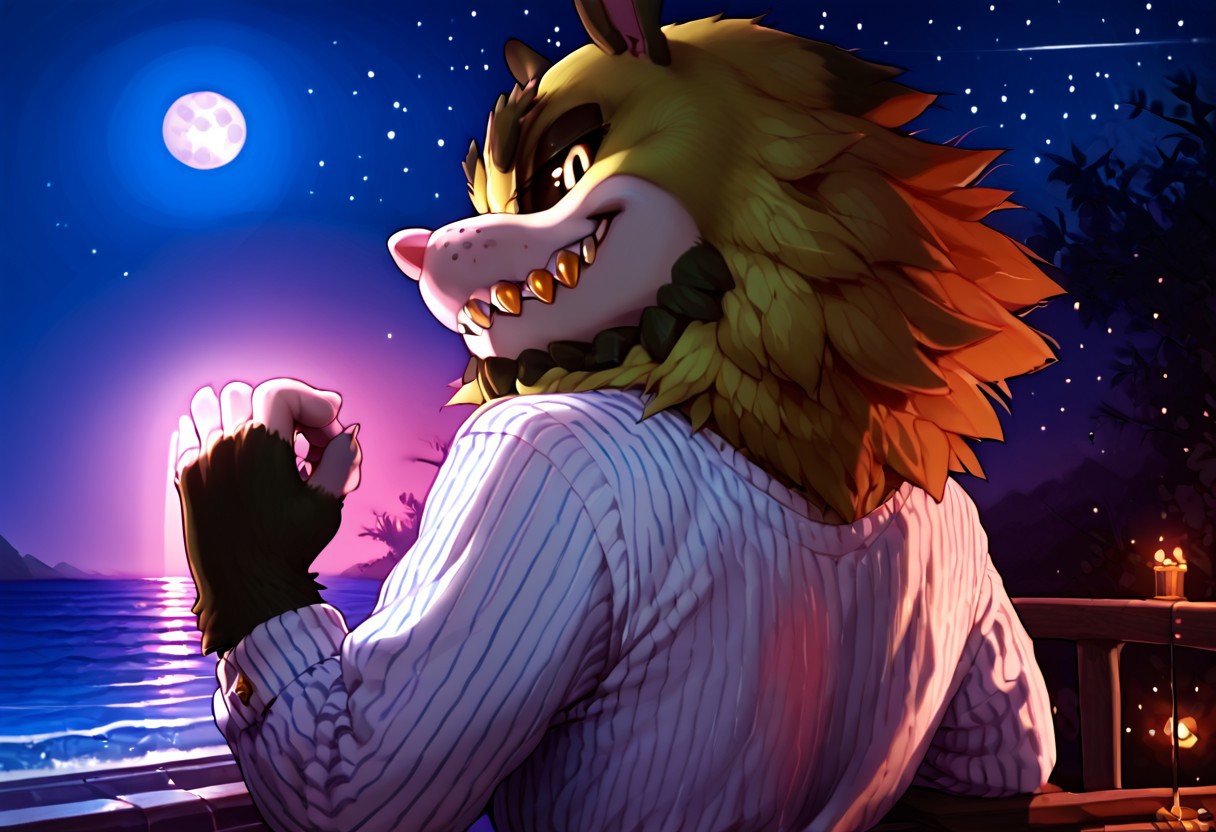 score_9, score_8_up, score_7_up, score_6_up, Clutch the Opossum, black sclera, back view, shirt, diamond cufflinks. gold tooth, sharp teeth, glowing eyes, ocean, dock, cane, night, moon, stars, ambient light, solo, looking back at viewer, detailed, furry, 5 fingers